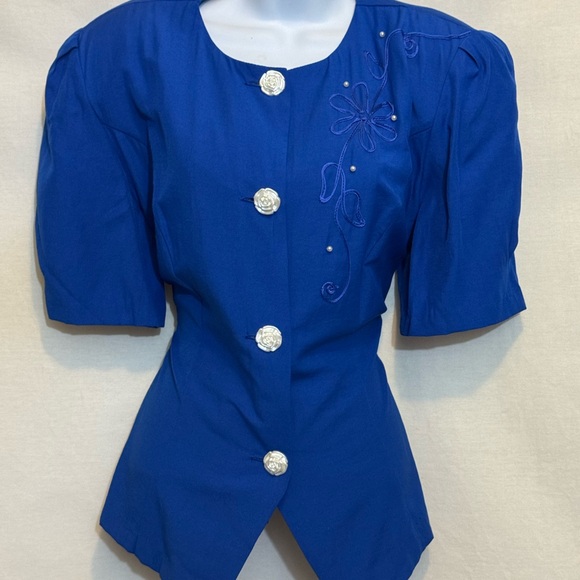 B-278 Reina Vintage 80s Blue Embroidered Puffy Sleeve Skirt Set Size 12 - Picture 2 of 16